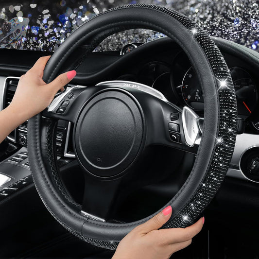 Bling Diamond Leather Steering Wheel Cover, With Sparkly Crystal Glitter Rhinestones Universal Fit 14"1/2-15" V1250-B0CC4P58X6