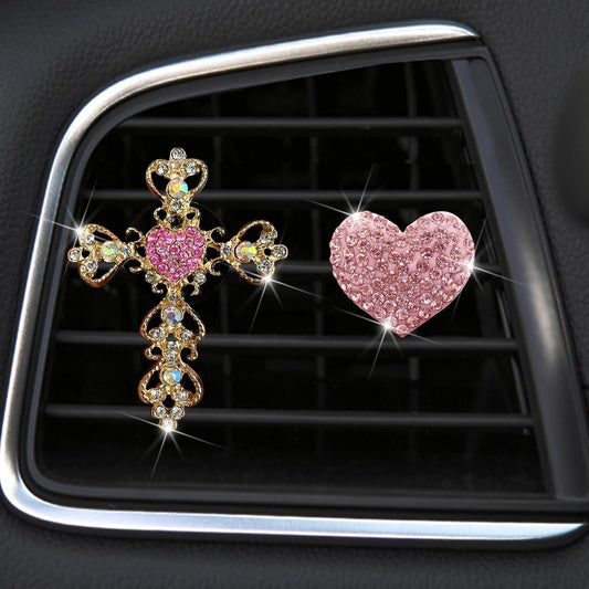 2 Pack Car Vent Clips,Crystal Cross and Heart Air Vent Clips,Bling Car Accessories for Women & Girls(Pink) V1250-B0CGZMFLDJ