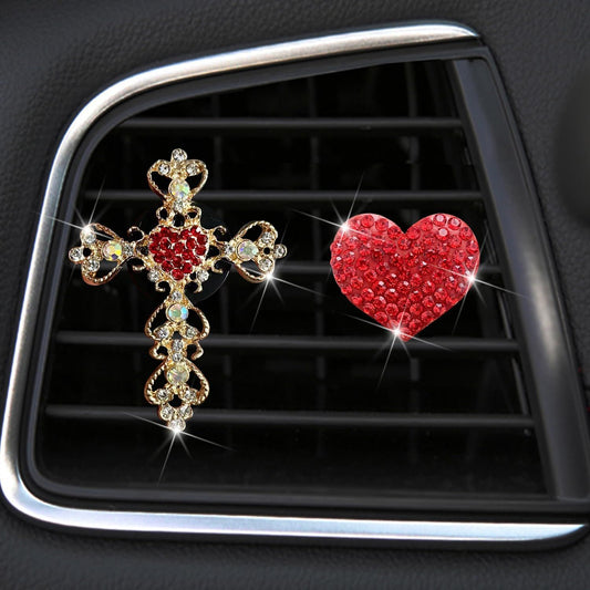 2 Pack Bling Car Vent Clip Decor, Diamond Cross & Heart Air Freshener - Women's Car Essentials (Red) V1250-B0CGZMFPWS