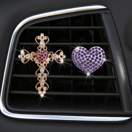 2 Pack Accessories, Crystal Cross & Heart Car Vent Clip Air Freshener, Diamond Car Decoration Essentials for V1250-B0CGZP46XJ