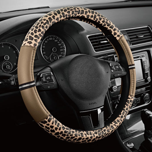 Leopard Steering Wheel Cover for Women, Cute Anti-Slip Microfiber Leather, Universal Fit 14.5-15 Inch Round V1250-B0DQSWTLFS