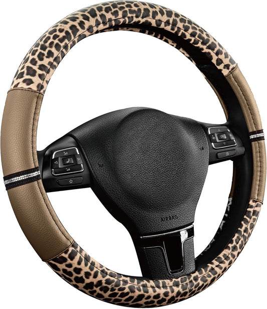 Leopard Steering Wheel Cover for Women, Cute Anti-Slip Microfiber Leather, Universal Fit 14.5-15 Inch Round V1250-B0DQSWTLFS