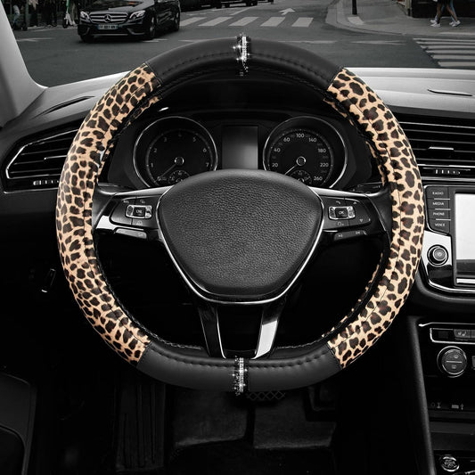 Leopard Steering Wheel Cover for Women, Cute Anti-Slip Microfiber Leather, Fits D Shape Flat Bottom Steering V1250-B0FXX1V9JM