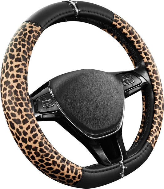 Leopard Steering Wheel Cover for Women, Cute Anti-Slip Microfiber Leather, Fits D Shape Flat Bottom Steering V1250-B0FXX1V9JM