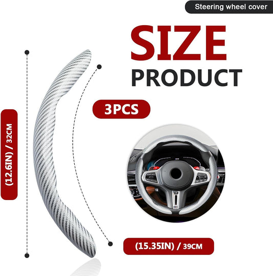 3pcs Universal Carbon Fiber Steering Wheel Cover - Anti-Slip & Segmented Design, Universal 99% Durable V1250-QLSC009-WHITE
