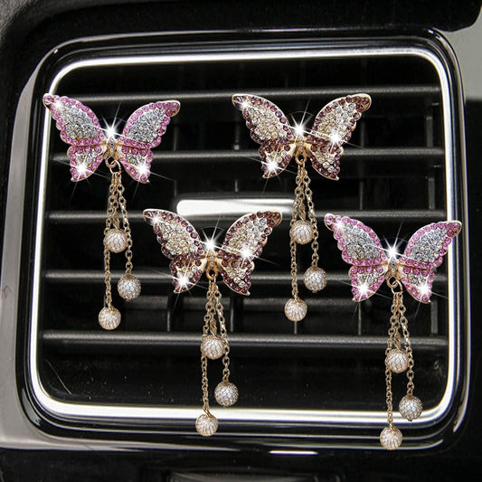 4 in 1 Bling Butterfly Aromatherapy Air Vent Clips, Diamond Pearl Pendant Butterfly Car Air Fresheners, Cute V1250-QLSC014