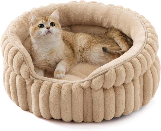 Cat Bed, Washable Round Cute Pet Beds for Indoor Cats, Super Soft Corduroy Kitten Bed with Anti-Slip Bottom, V1250-QLSC021-BEIGE-XS