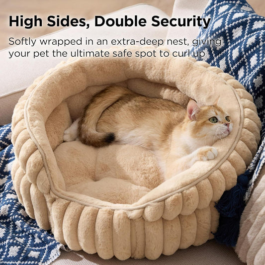 Cat Bed, Washable Round Cute Pet Beds for Indoor Cats, Super Soft Corduroy Kitten Bed with Anti-Slip Bottom, V1250-QLSC021-BEIGE-XS