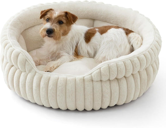 Medium Dog Bed, Washable Cute Pet Bed, Super Soft Corduroy Round Cat Bed with Anti-Slip Bottom, V1250-QLSC021-CREAM-M