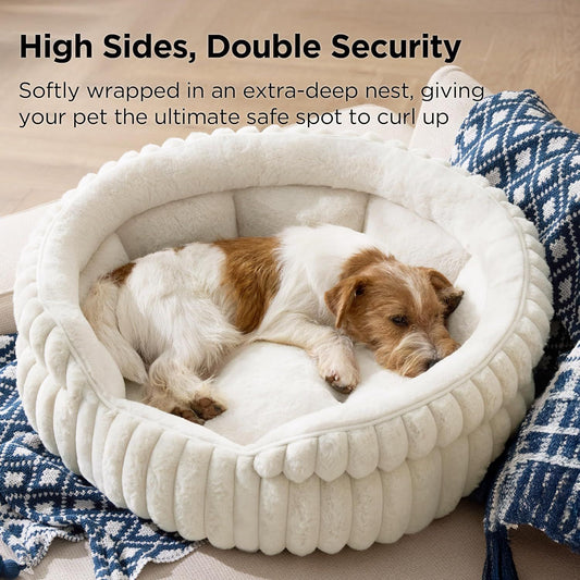 Medium Dog Bed, Washable Cute Pet Bed, Super Soft Corduroy Round Cat Bed with Anti-Slip Bottom, V1250-QLSC021-CREAM-M