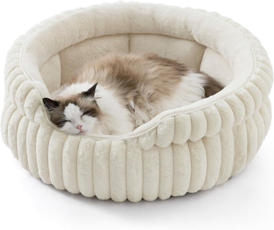 Cat Bed, Washable Round Cute Cat Beds for Indoor Cats, Super Soft Corduroy Pet Bed for Puppy and Kitten with V1250-QLSC021-CREAM-S