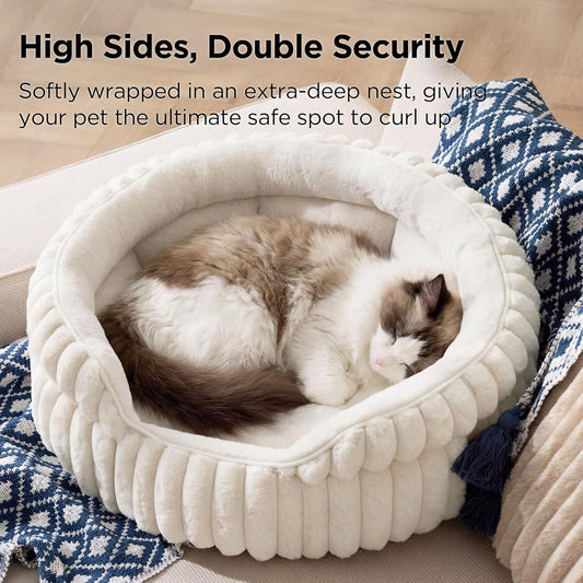 Cat Bed, Washable Round Cute Cat Beds for Indoor Cats, Super Soft Corduroy Pet Bed for Puppy and Kitten with V1250-QLSC021-CREAM-S