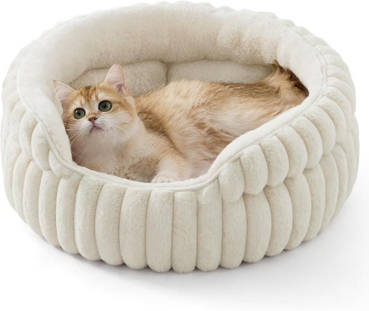 Cat Bed, Washable Round Cute Pet Beds for Indoor Cats, Super Soft Corduroy Kitten Bed with Anti-Slip Bottom, V1250-QLSC021-CREAM-XS
