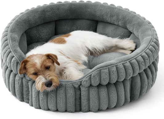 Medium Dog Bed, Washable Cute Pet Bed, Super Soft Corduroy Round Cat Bed with Anti-Slip Bottom, V1250-QLSC021-GRAY-M