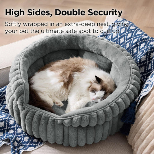 Cat Bed, Washable Round Cute Cat Beds for Indoor Cats, Super Soft Corduroy Pet Bed for Puppy and Kitten with V1250-QLSC021-GRAY-S