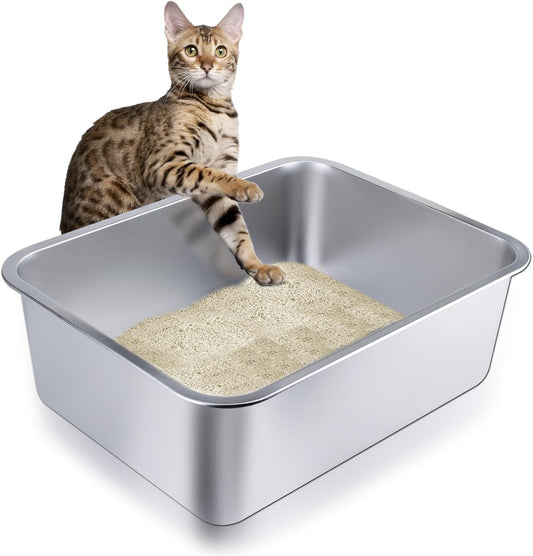 Stainless Steel Cat Litter Box - Large Metal High-Sided Pan for Cats, Pets, Non-Stick, Odor-Free, Easy to V1250-QLSC022-L
