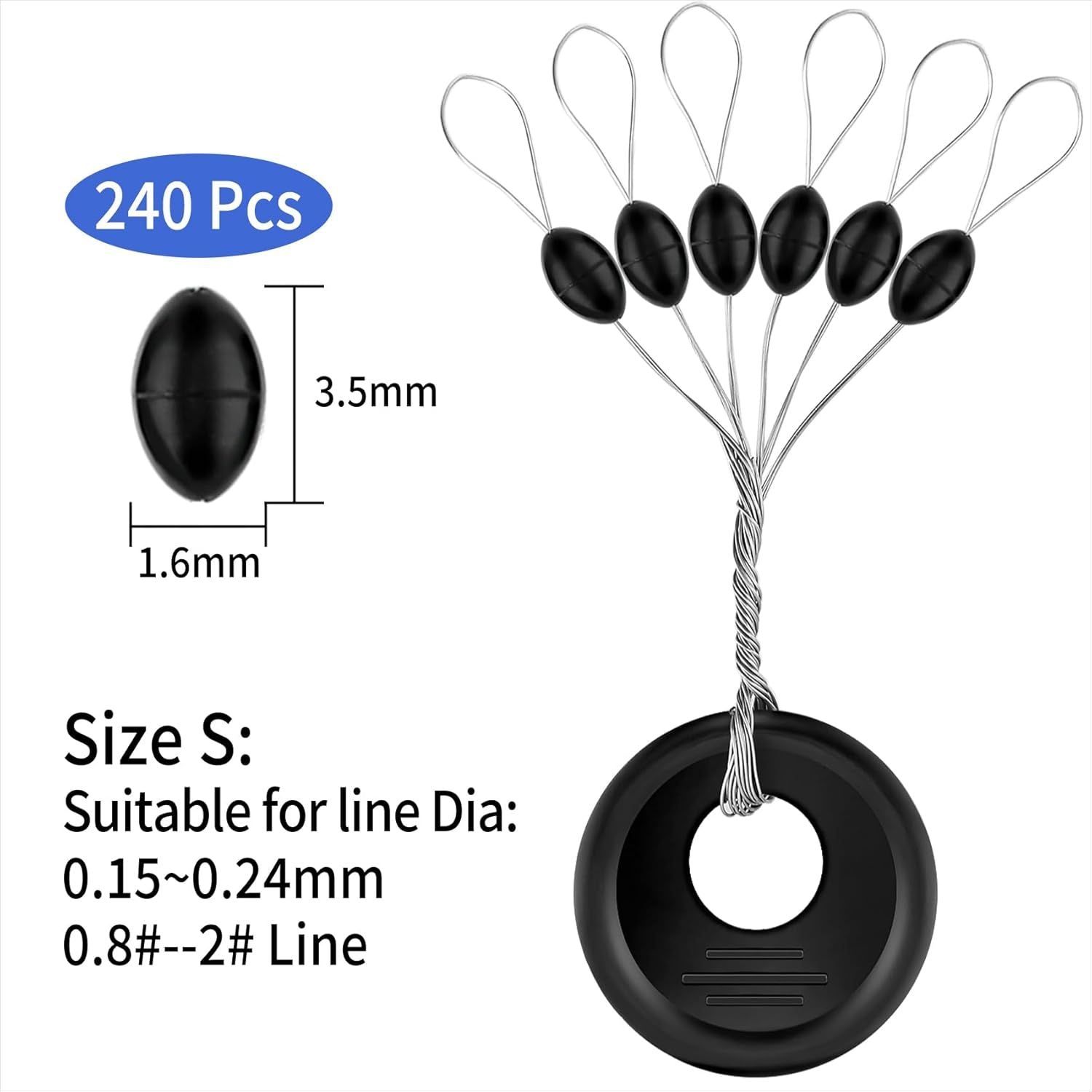 240 Pieces Middle-Sized Fishing Rubber Bobber Beads Stoppers 6 in 1 Black Float Sinker Stops(S) V1250-QLSC029-S