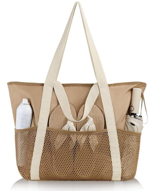 Waterproof Beach Bag for Women with Zipper Sand-Resistant Design Shoulder Strap, Perfect for Beach and V1250-QLSC032-STD-BROWN