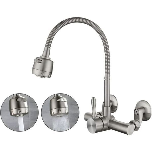 Wall Mounted Kitchen Tap, Food-Grade 304 Stainless Steel Flexible Gooseneck Faucet with 2 Spray Modes, 360 V1250-QLSC038-SLT-01