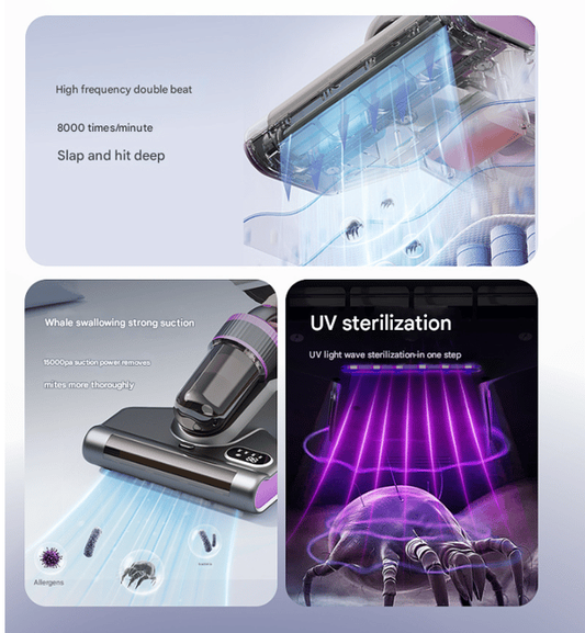 Wireless UV-C Dust Mite Vacuum Cleaner with Hot Air & Pulse Vibration Pad, Handheld Bed Cleaner with LED Digital Display for Mattress, Sofa, Pillow, Fabric Couch