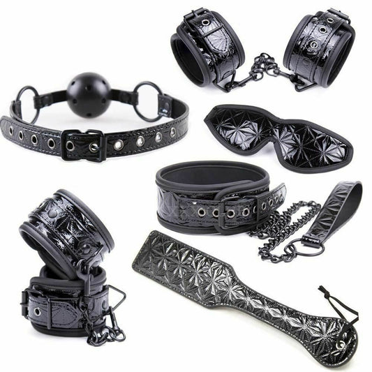 House Of Dasein Red Black 6Pc Spanking Paddle Gag Cuffs Collar Blindfold Bondage Kink Fetish Kit - Black V1257-15332675289154