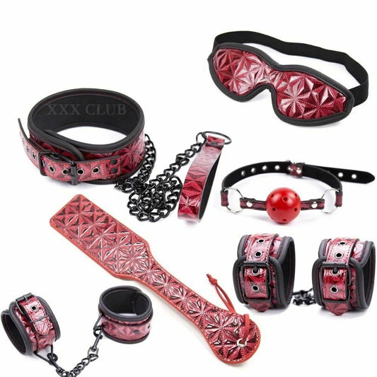 House Of Dasein Red Black 6Pc Spanking Paddle Gag Cuffs Collar Blindfold Bondage Kink Fetish Kit - Red V1257-15332675321922