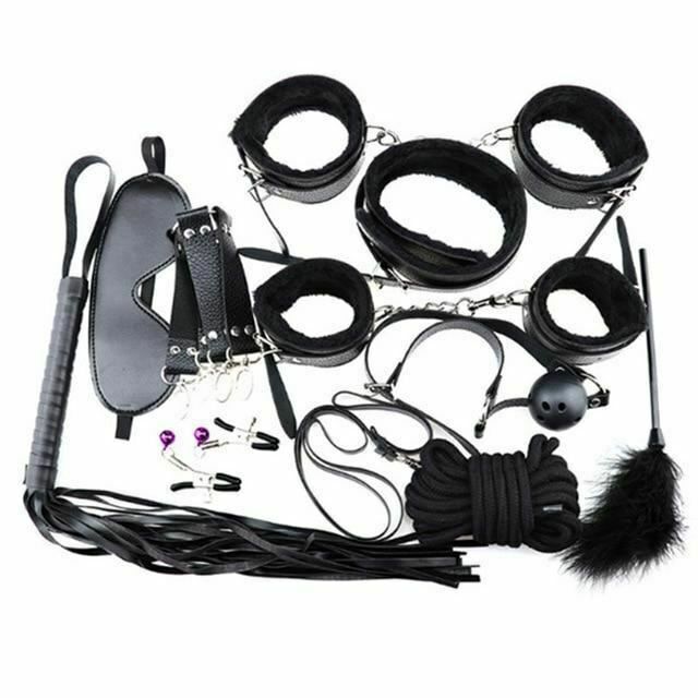 House Of Dasein Bondage Starter Kit 10 Pieces Gag Flogger Restraints Blindfold Cuffs Collar - Black - Kit V1257-15604120387650