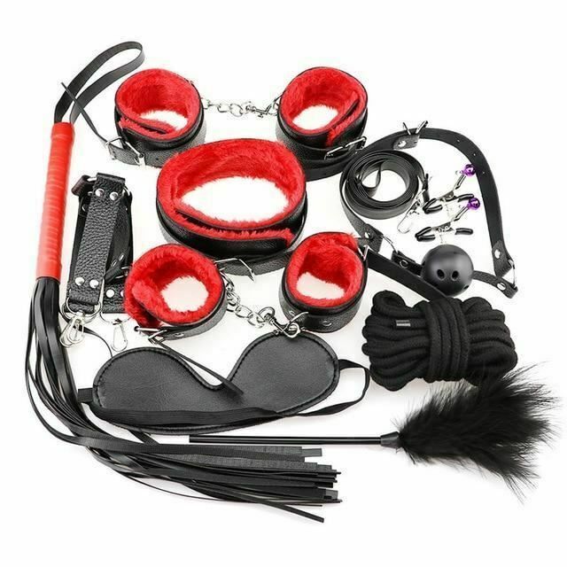 House Of Dasein Bondage Starter Kit 10 Pieces Gag Flogger Restraints Blindfold Cuffs Collar - Black Red - Kit V1257-15604120453186