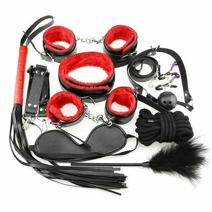 House Of Dasein Bondage Starter Kit 10 Pieces Gag Flogger Restraints Blindfold Cuffs Collar - Black Red - Kit V1257-15604120453186