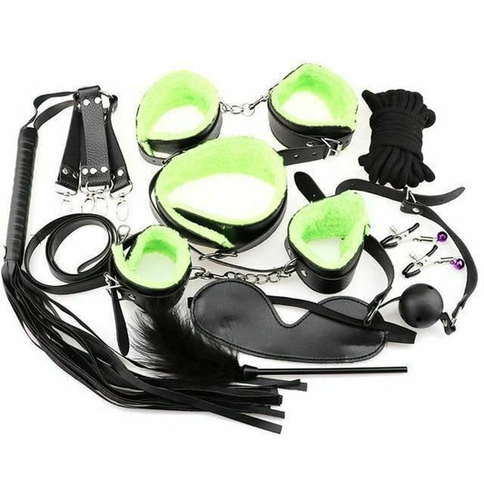 House Of Dasein Bondage Starter Kit 10 Pieces Gag Flogger Restraints Blindfold Cuffs Collar - Black Green - V1257-15604120518722