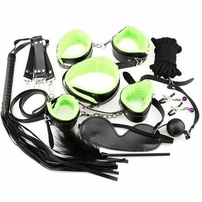 House Of Dasein Bondage Starter Kit 10 Pieces Gag Flogger Restraints Blindfold Cuffs Collar - Black Green - V1257-15604120518722