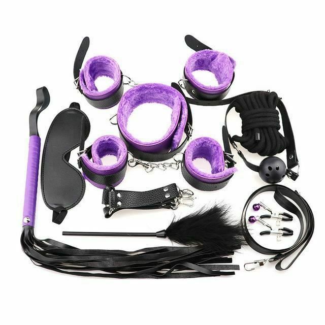 House Of Dasein Bondage Starter Kit 10 Pieces Gag Flogger Restraints Blindfold Cuffs Collar - Black Purple - V1257-15604120584258