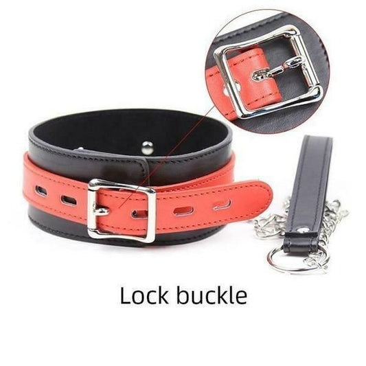 House Of Dasein Sexy Leather Bondage Collar Lead Chain Dog Roleplay Puppy Pet Play B-D-S-M - Red - Lock Buckle V1257-16516692836418