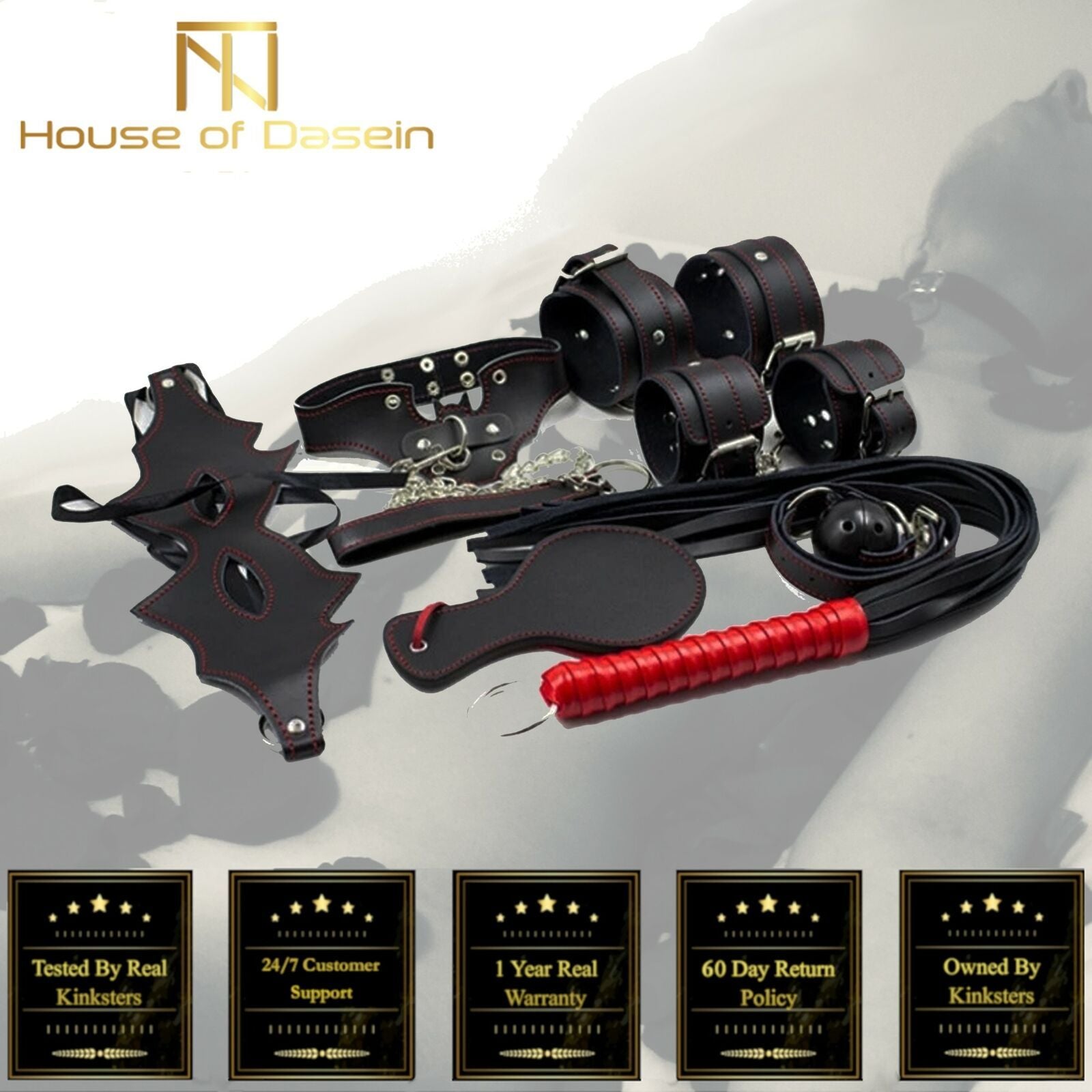 House Of Dasein Bdsm Bondage Beginners Starter Kit Fetish Pack Mask Collar Cuffs Gag Restraints - Red V1257-16565462499394