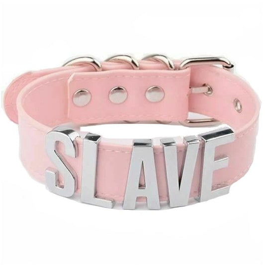 House Of Dasein Pink Slave Collar With Gold Or Silver Letters Bdsm Buckle Necklace - Pink With Silver V1257-16573510418498