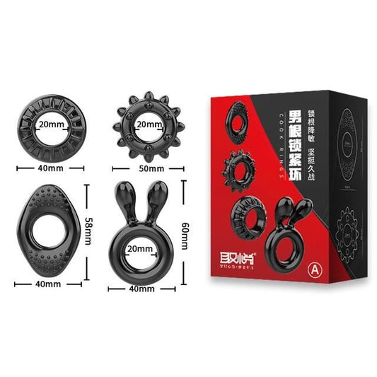 House Of Dasein 4Pcs Set Black Stretchy Silicone Cock Four Styles Penis Rings Men - Black V1257-16578317156418