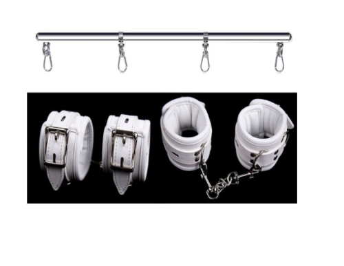 House Of Dasein White Wrist Ankle Cuffs Spreader Bar Bondage Kink Restraints - White - Silver Set V1257-16610597208130