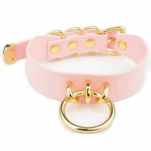 House Of Dasein Bdsm Pink Faux Leather Silver Gold Ring Kitten Submissive Collar - Pink With Gold V1257-16621710999618