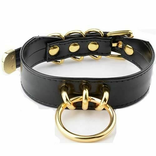 House Of Dasein Bdsm Black Faux Leather Silver Gold Ring Submissive Collar - Black With Gold V1257-16621725286466