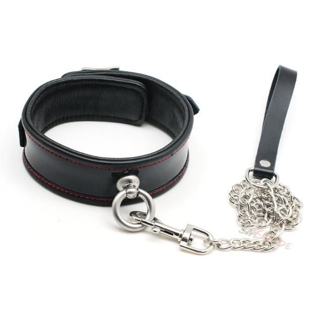 House Of Dasein Black Genuine Leather Bondage Collar Leash Metal Chain Bdsm Beginners - Black V1257-30141844062274
