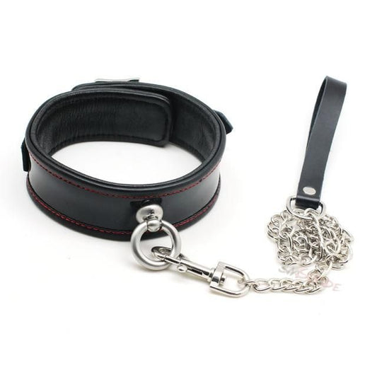 House Of Dasein Black Genuine Leather Bondage Collar Leash Metal Chain Bdsm Beginners - Black V1257-30141844062274