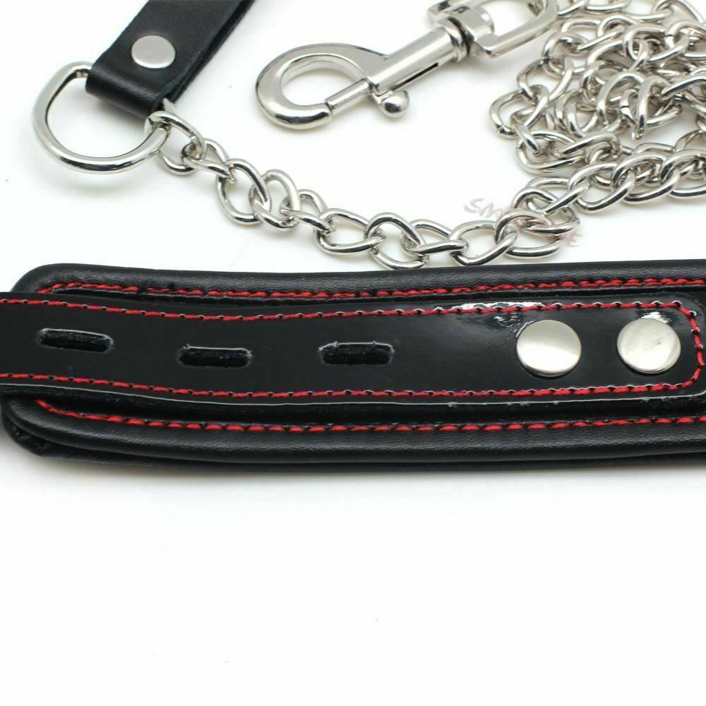 House Of Dasein Black Genuine Leather Bondage Collar Leash Metal Chain Bdsm Beginners - Black V1257-30141844062274