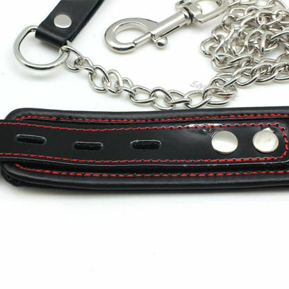 House Of Dasein Black Genuine Leather Bondage Collar Leash Metal Chain Bdsm Beginners - Black V1257-30141844062274
