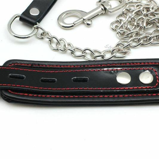 House Of Dasein Black Genuine Leather Bondage Collar Leash Metal Chain Bdsm Beginners - Black V1257-30141844062274