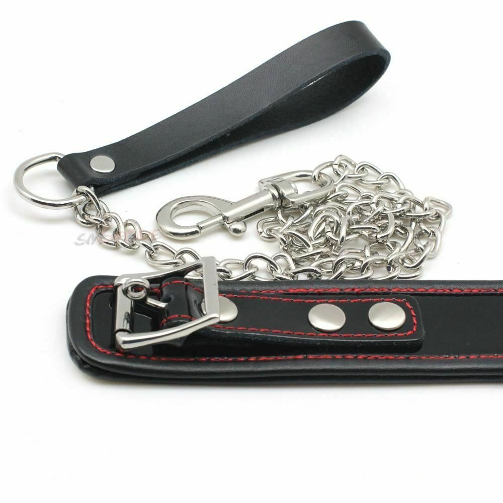House Of Dasein Black Genuine Leather Bondage Collar Leash Metal Chain Bdsm Beginners - Black V1257-30141844062274