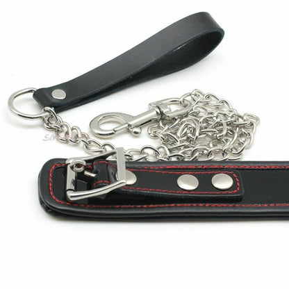 House Of Dasein Black Genuine Leather Bondage Collar Leash Metal Chain Bdsm Beginners - Black V1257-30141844062274
