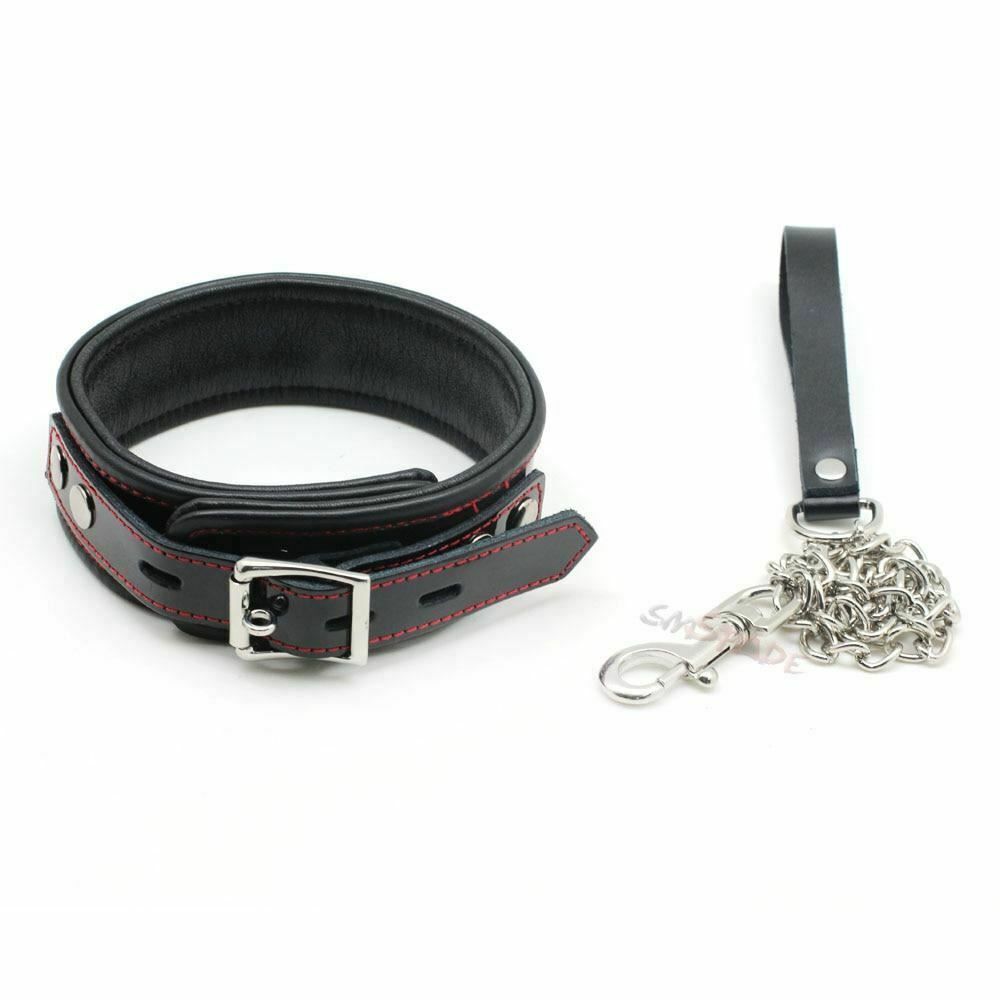 House Of Dasein Black Genuine Leather Bondage Collar Leash Metal Chain Bdsm Beginners - Black V1257-30141844062274