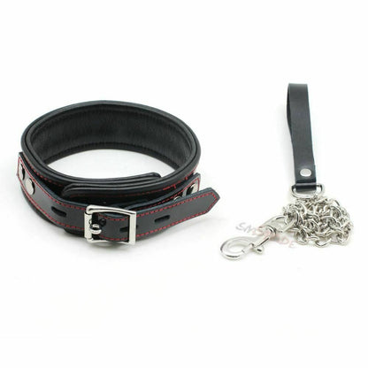 House Of Dasein Black Genuine Leather Bondage Collar Leash Metal Chain Bdsm Beginners - Black V1257-30141844062274