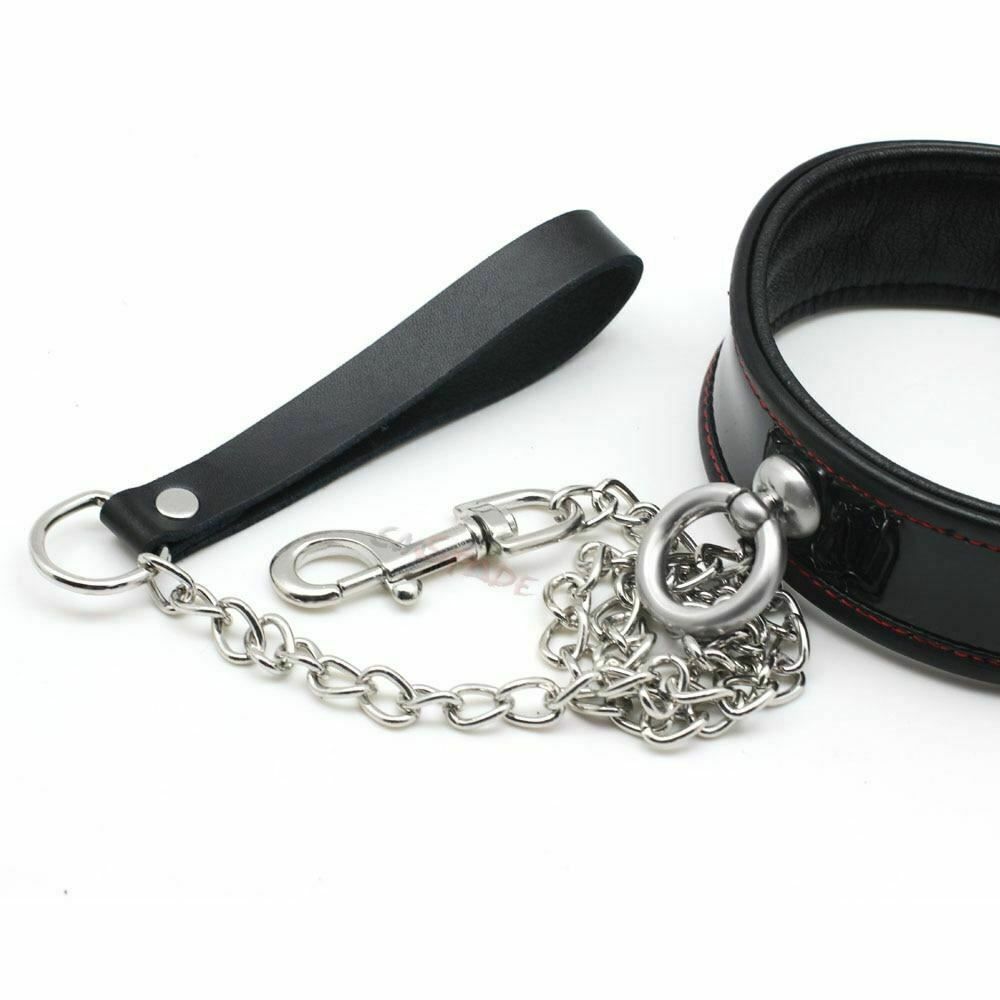 House Of Dasein Black Genuine Leather Bondage Collar Leash Metal Chain Bdsm Beginners - Black V1257-30141844062274