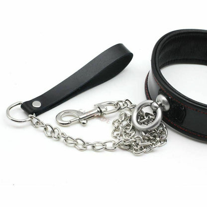House Of Dasein Black Genuine Leather Bondage Collar Leash Metal Chain Bdsm Beginners - Black V1257-30141844062274